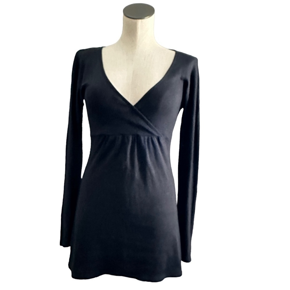 Michael Stars Shimmer Black Long Bell Sleeve Faux Wrap Shine Top Size OS